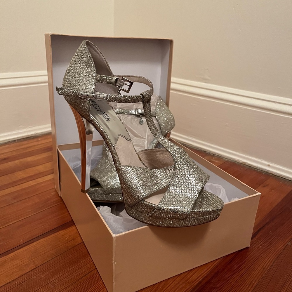 NWT, size 11, Michael Kors Silver Strappy Peep Toe Heels, Available